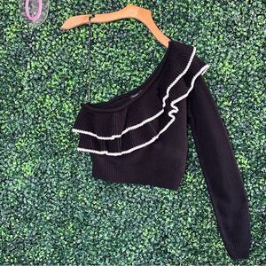 NWT F21 One Shoulder Ruffle Black Knit Sweater Crop Top Sz M